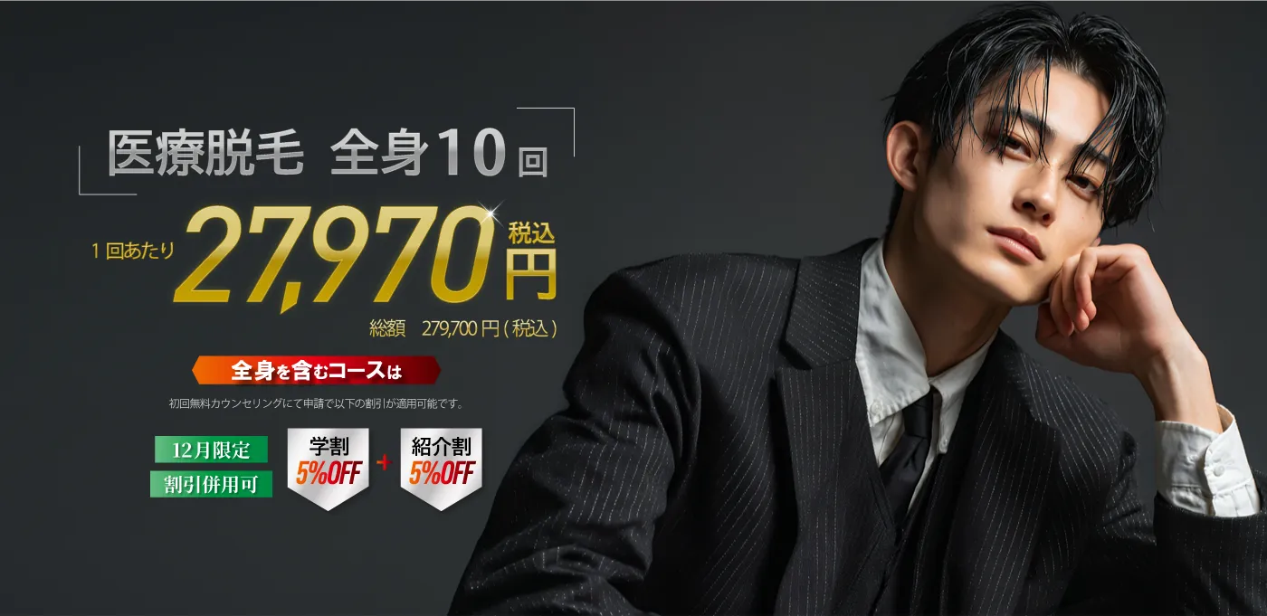 医療脱毛 全身10回 1回あたり27,970円 税込 総額279,700円 12月限定 学割5％オフと紹介割5％オフ併用可