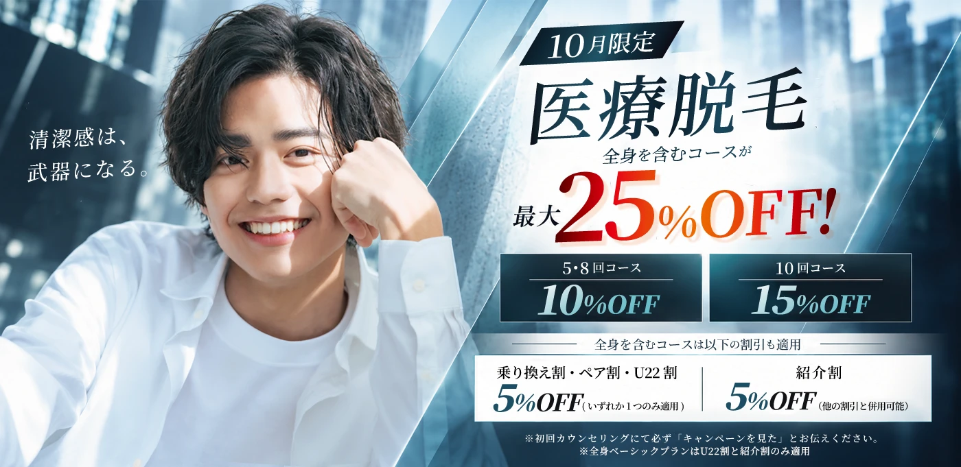10月限定 医療脱毛 全身を含むコースが最大25%OFF！ 5・8回コース10%OFF 10回コース15%OFF